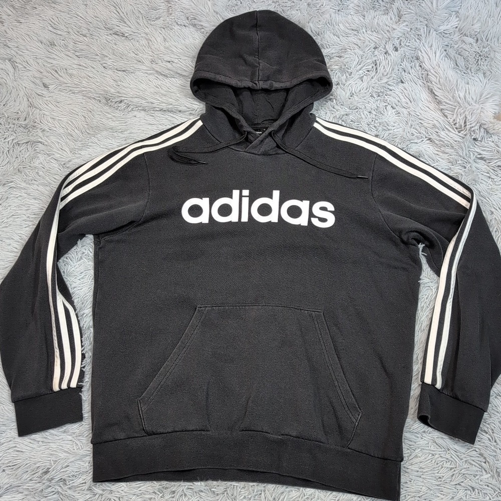 Adidas Sweatshirt Mens L Black Hoodie Pocket Spellout Athletic Street Wear